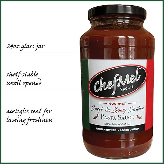 ChefMel’s Spicy Sicilian-Style Pasta Sauce - Bold &amp Sweet Marinara with a Fiery Chili Kick - Handcrafted Italian Tomato Sauce - Gluten-Free - Gourmet Flavor for Pasta Pizza &amp More - 24oz Jar