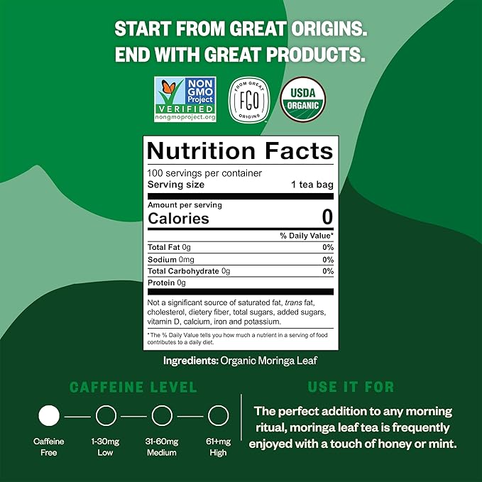 FGO Organic Moringa Tea 100 Count Eco-Conscious Tea Bags Resealable Bag Caffeine Free Packaging May Vary (Pack of 1)