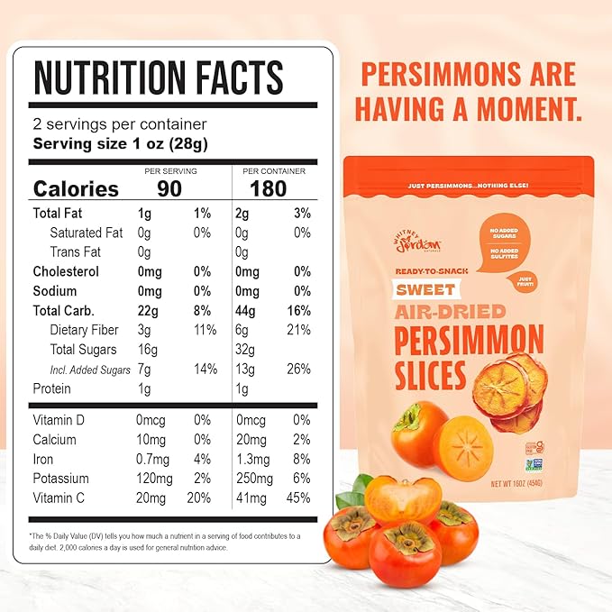 Whitney Jordan Naturals Air-Dried Persimmon Slices 16 Oz Pack of 2 - Dried Fruit Snack Made from Real Persimmons - No Sugar Added Gluten-Free Vegan Chewy Real Fruit for Clean Snacking
