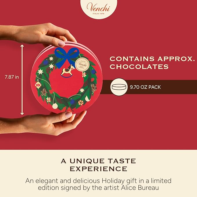 Venchi Medium Christmas Hatbox Gift with Assorted Chocolates with “Piedmont Hazelnut” Limited Edition 9.70 oz Gluten-Free Gift Idea