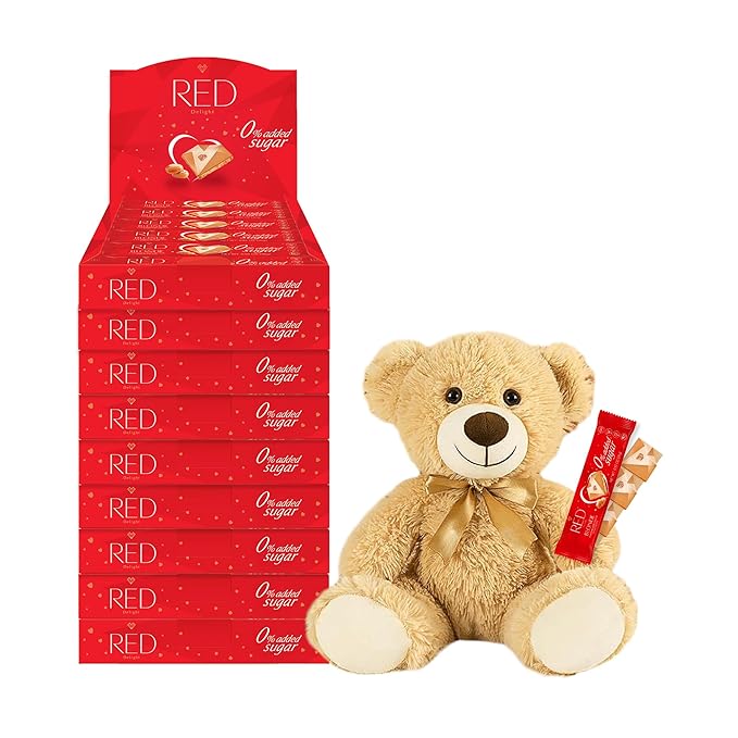 RED Delight®™ Blonde Caramelized White Chocolate 12 Count Box of Grab N Go Travel Size Bars (0.92 Ounces Each) with 14 Plush Teddy Bear (9 Boxes - Total of 108 Bars + 14 Plush Teddy Bear)