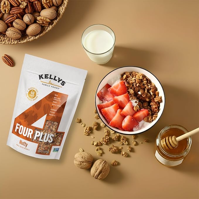 Kellys Four Plus Granola Cereal | Nutty Healthy Granola for Yogurt | Hand Made Snacks for Breakfast - 12 oz (Pack of 6)