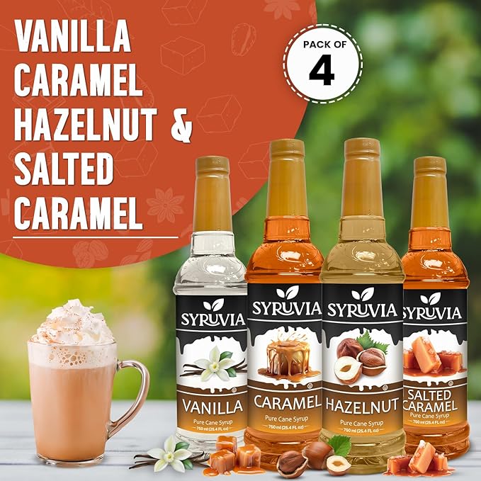 Syruvia Coffee Syrup Variety Pack Vanilla Caramel Hazelnut &amp Salted Caramel Kosher 25.4 fl oz bottles - Elevate Your Coffee Experience!