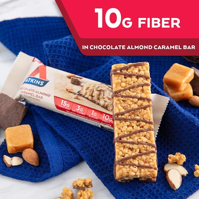 Atkins Chocolate Almond Caramel Protein Meal Bar High Fiber 15g Protein 1g Sugar 3g Net Carbs Meal Replacement Keto Friendly 8 Count