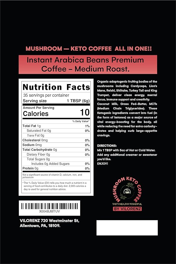 Vilorenz Mushroom-Keto Coffee. NO AFTER TASTE. Organic Adaptogenic Mushrooms Grass Fed Butter and MCT Oil for Keto lifestyle. Premium Instant Arabica Beans Medium Roast. 100% COFFEE TASTE