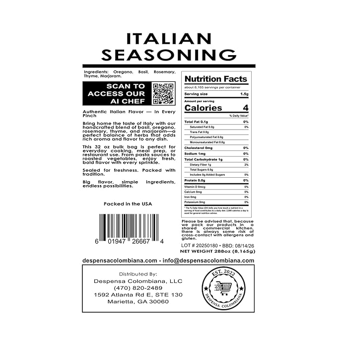 18 Lbs Bulk Italian Seasoning - Despensa Colombiana Condimento Italiano for Mediterranean Cooking and Sazon - Ideal Italian Seasoning Bulk Herbs Blend for Flavoring Dishes and Enhancing Culinary Creat