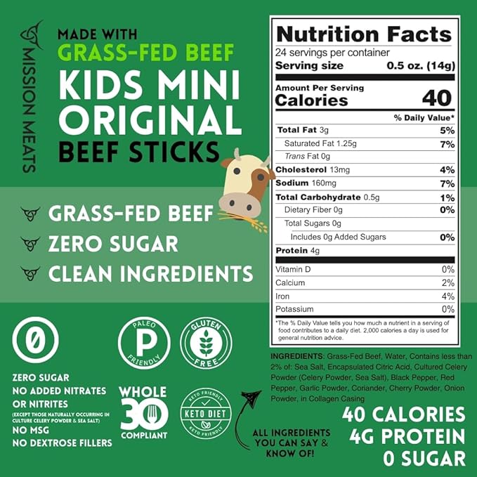 Mission Meats Kids Beef Sticks 100% Grass Fed Healthy Snacks for Kids Zero Sugar 9g Protein per Serving Gluten &amp Nut Free Individually Wrapped Mini 0.5oz (72ct Bag)