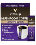 VitaCup Mushroom Coffee Instant Packets for Memory &amp Clarity Support w/Fiber Chaga Lion’s Mane D3 B Vitamins Medium Roast 100% Arabica &amp Robusta Coffee in Single Serve Sticks 72 Ct