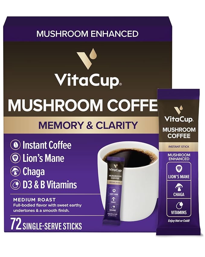 VitaCup Mushroom Coffee Instant Packets for Memory &amp Clarity Support w/Fiber Chaga Lion’s Mane D3 B Vitamins Medium Roast 100% Arabica &amp Robusta Coffee in Single Serve Sticks 72 Ct