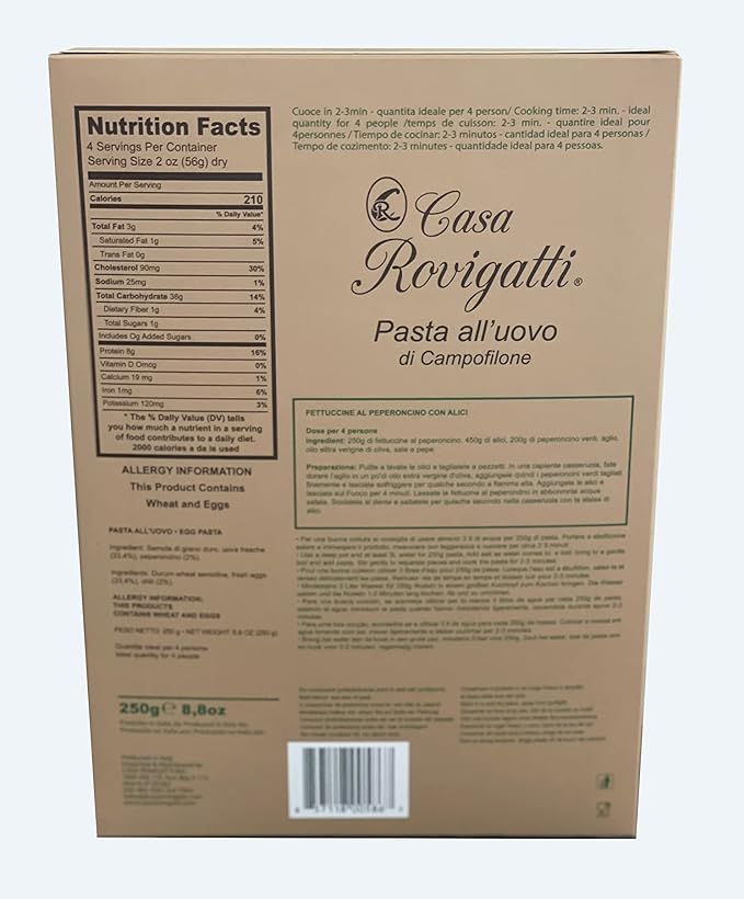 Fettuccine with Chilli Pepper Egg Gourmet Pasta (Pack of 4) - Italian Fettuccine Al Pepperoncino Pasta Di Campofilone- Imported Italian Egg Pasta- 8.8 ounces / 250 grams