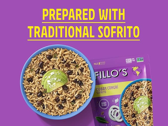 Fillo's Cuban Congri - Black Beans and Rice Ready to Eat Rice with Beans 8 oz Pk of 6 Gluten-Free Preservative-Free Microwavable Meals Non-GMO Vegan
