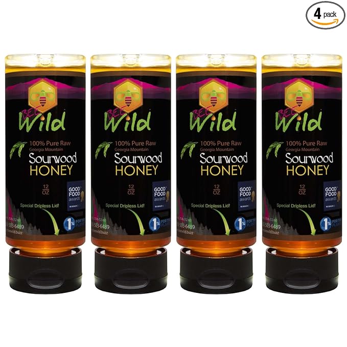 Bee Wild 100% Pure Raw Organic Unfiltered Honey - Sourwood 12 ounce Pack of 4