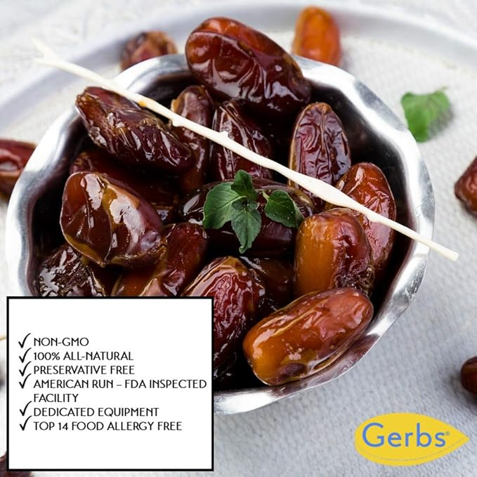 Gerbs Dried Araya Dates 2 lbs. | Unsulfured Pitted Resealable Bag | Naturally Sweet &amp Fiber-Rich | Top 14 Allergen-Free
