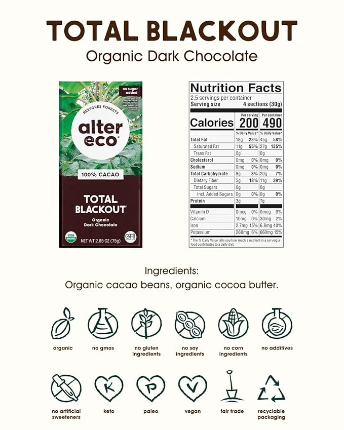Alter Eco | Dark Chocolate Bars | Pure Dark Cocoa Fair Trade Organic Non-GMO Gluten Free (6-Pack Total Blackout)