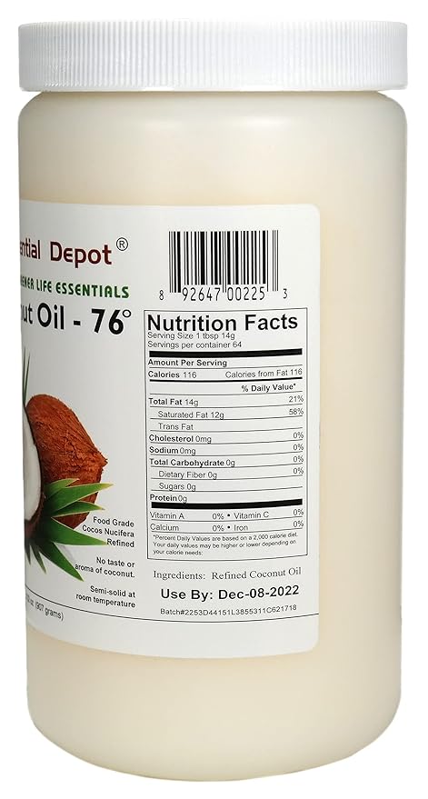 Coconut Oil - 76F - 32 oz in a 1-quart container - No Scent/Odor - also called Coconut Butter - Food Grade - safety sealed HDPE container with resealable lid - microwave-safe (remove foil seal) freez