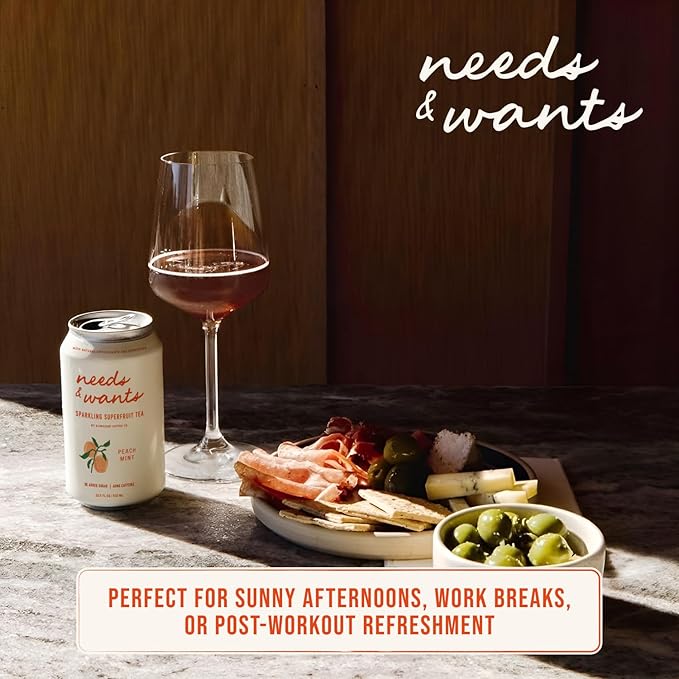 Needs &amp Wants Sparkling Tea - Peach Mint 10.5oz Cans (12 Pack) | Organic Superfruit Tea with Cascara Sweet Peach &amp Cooling Mint Lightly Sweet with Refreshing Summer Flavor and Natural Caffe