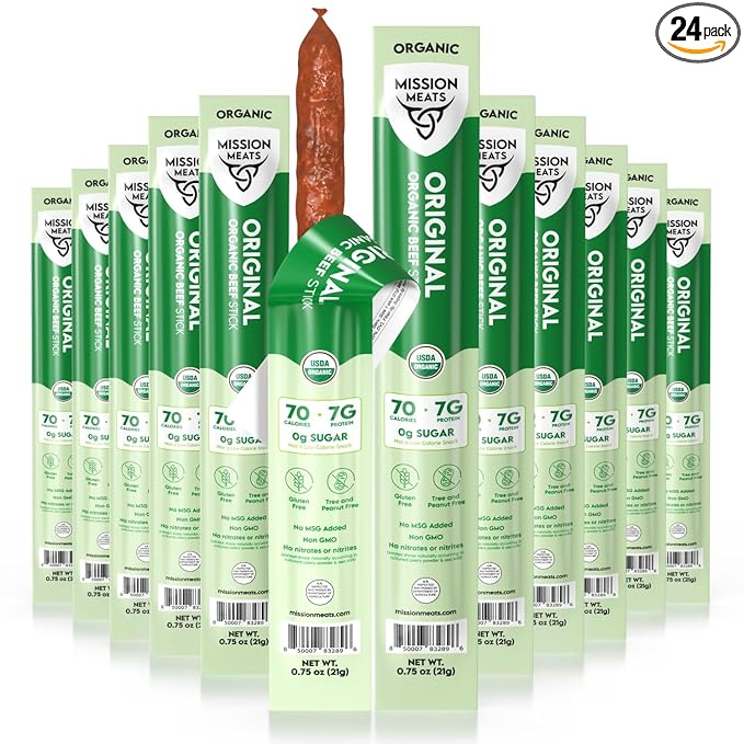 Mission Meats 100% Certified Organic Beef Sticks – Pasture-Raised Zero Sugar Non-GMO Healthy Individually Wrapped Meat Sticks Snack 0.75oz (24ct)