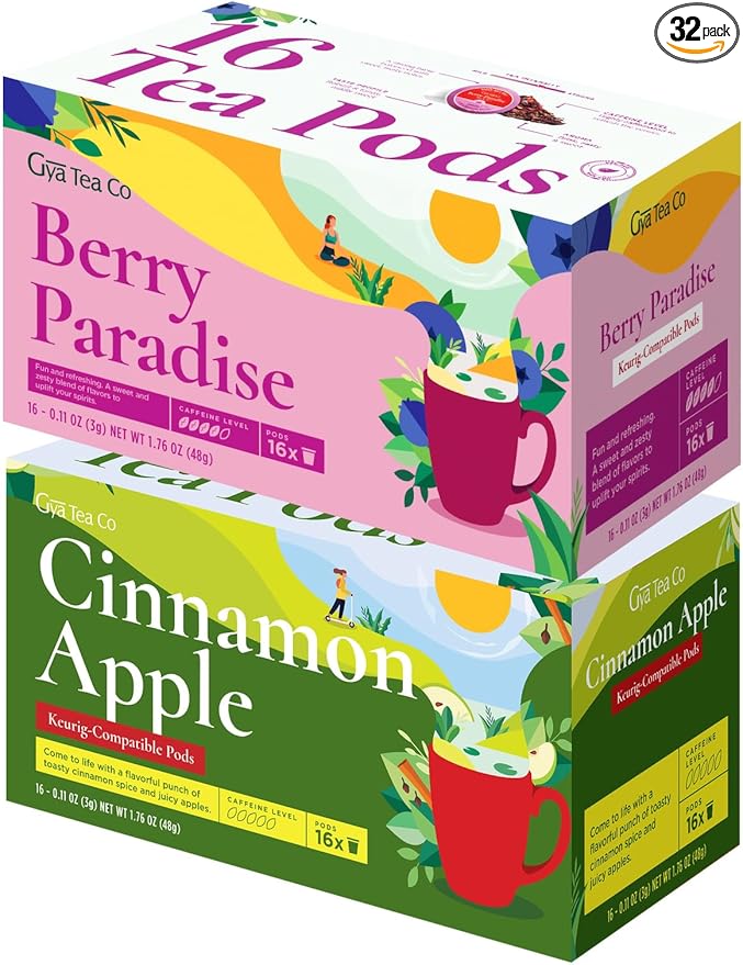 Gya Tea Co Berry Paradise K Cups Tea Pods Variety Pack &amp Cinnamon Apple Herbal Tea K Cups Variety Pack for Keurig 2.0 &amp1.0