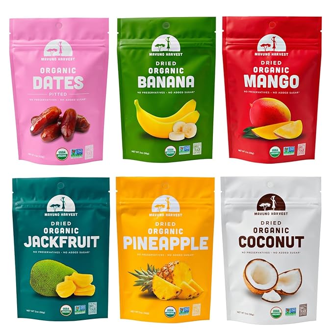 Mavuno Harvest Organic Dried Fruit Variety Pack | Dried Mango Dates Pineapple Banana Jackfruit &amp Coconut | Healthy Vegan No Sugar Added Non GMO Snacks for Kids &amp Adults | 2 Ounce 6 Pa