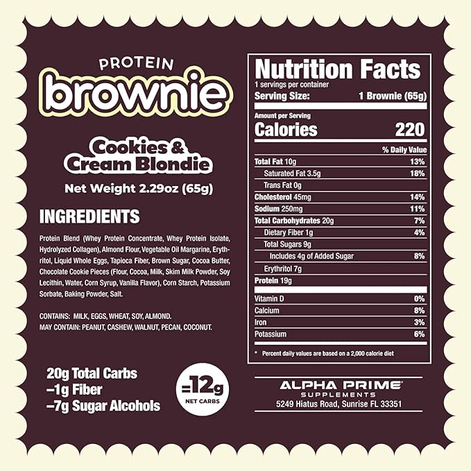 Prime Bites High Protein Brownie (12 Per Box Birthday Cake Blondie) - 19g of Protein 5g of Collagen Gluten Free Low Sugar Treat Delicious Protein Snack