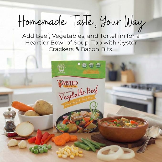 Twisted Pepper Co. Vegetable Beef Soup Mix: Gluten-Free - Handcrafted Broth‑Style Soup - Low Sodium No Added MSG | Quick &amp Easy Meal Ready in 30 Minutes Serves 12 | Add Vegetables Sausage &amp