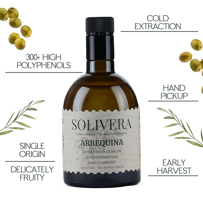 Solivera Arbequina Extra Virgin Olive Oil Ideal for Salads Vegetables &amp Bread Mild &amp Smooth for Everyday Use Low Acidity (Max 0.2%) High Polyphenol Cold Pressed%100 Arbequina