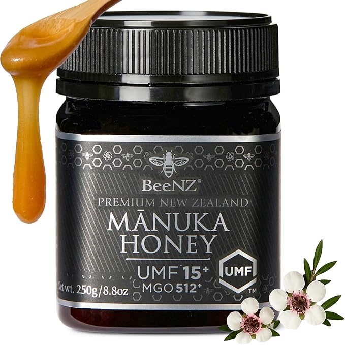 BeeNZ Raw Manuka Honey Certified UMF 15+ (MGO 514+) Pure New Zealand Monofloral Manuka Natural Sweetener Superfood for Immune Support No Sugar Added Traceable from Hive to Jar 8.8 oz/250g