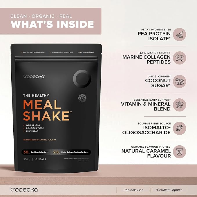 Tropeaka The Healthy Meal Shake - Butterscotch Caramel - Clean Meal Replacement Powder with 30g Protein Fiber Collagen Vitamins &amp Minerals - Gluten Free Dairy Free - 19.7oz (10 Servings)