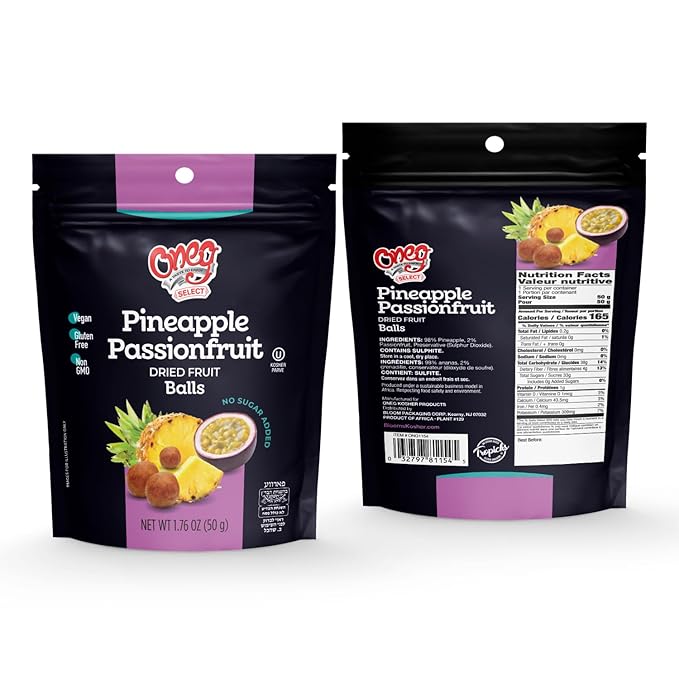 Oneg Dried Pineapple Passionfruit Balls1.76oz Bag12 Pack of Healthy Snack Perfect Healthy Chip for Parties or Travel Ideal Kids Healthy Snack for School Lunches After Playtime or Special Occasion