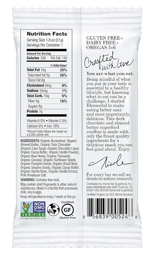 Elemental Superfood Seedbars Dark Chocolate + Almond Butter 1.8 Ounce - 12 Pack 100% Certified Organic Non-GMO Verified Gluten Free Dairy Free Plant Based