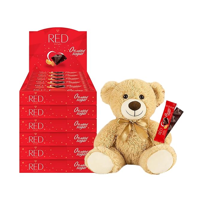RED Delight®™ Orange and Almond Dark Chocolate 12 Count Box of Grab N Go Travel Size Bars (0.92 Ounces Each) (6 Boxes - Total of 72 Bars + 14 Plush Teddy Bear)