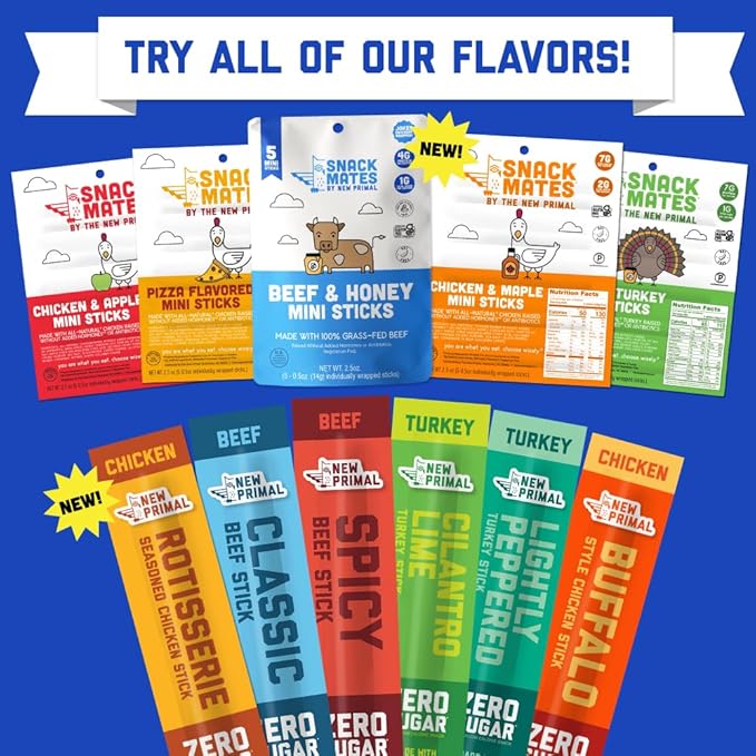 New Primal Meat Sticks Sampler Grass-Fed Beef All Natural Chicken Keto &amp Gluten Free Healthy Snacks for Adults Sugar Free Low Carb High Protein Snack Jerky Gift Box Variety Pack 10 Count