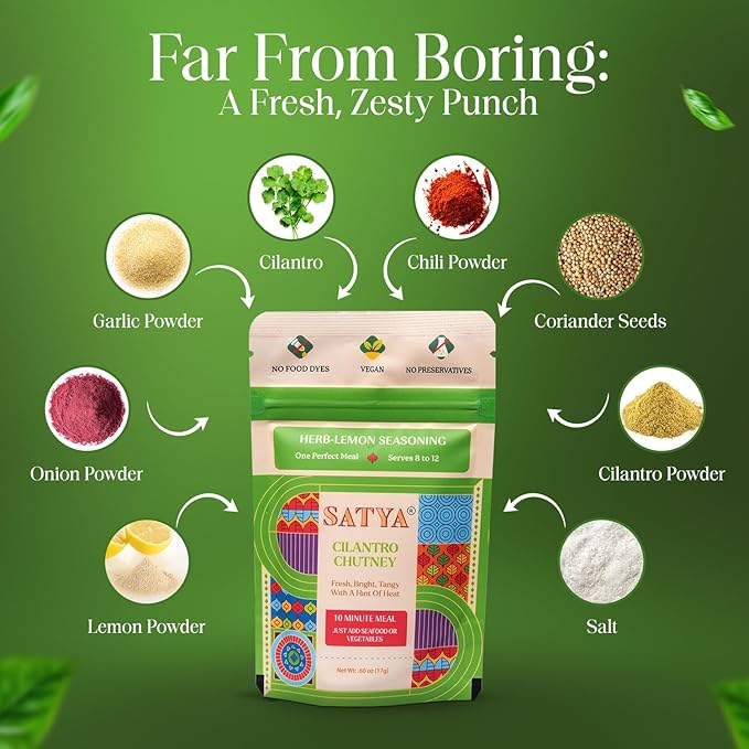 Satya Cilantro Chutney Powder Seasoning Mix 0.6 oz Sachets (Pack of 5- 85gm) – Herb Lemon Indian Seasoning for Vegetables &amp Seafood - Vegan Gluten &amp Dye Free Low Sodium Authentic Indian Spic