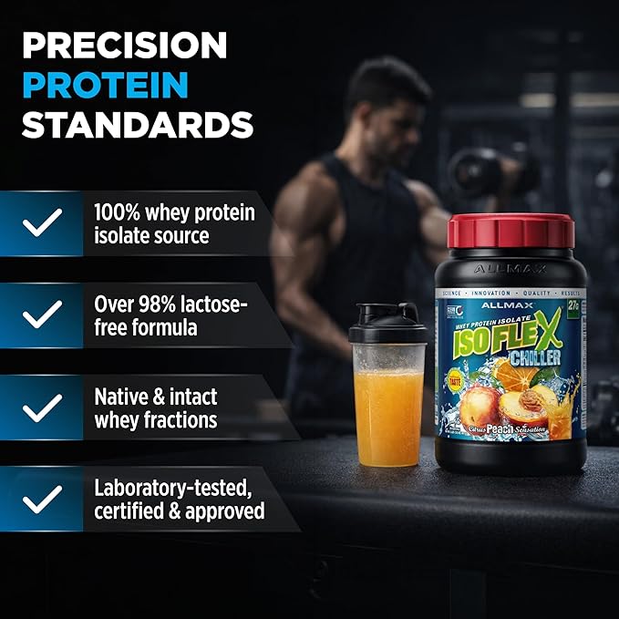 ALLMAX ISOFLEX Chiller Pure Whey Isolate Protein Powder – Gluten Free Low Lactose Sugar-Free – High-Protein Clean Keto-Friendly Workout Supplement Women and Men | Citrus Peach Sensation 2lb