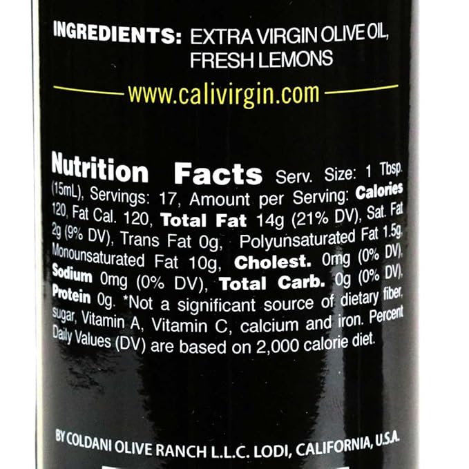 Calivirgin Lemon Olive Oil - Lemon Infused Extra Virgin Olive Oil - Cold Pressed Olive Oil - Lemon Flavored Olive Oil - No Preservatives - Gourmet Olive Oil from Organically Grown Olives - 250ml