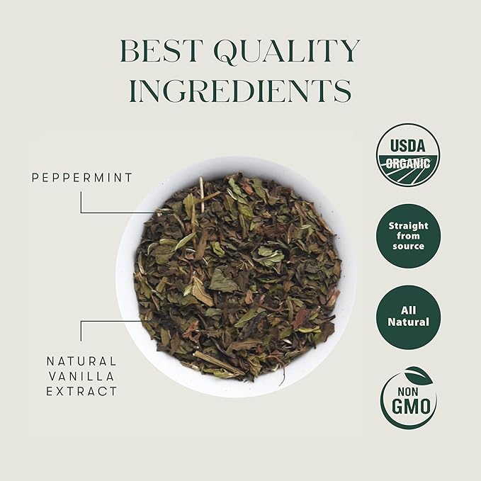 Luxmi Estates Vanilla Peppermint Organic Peppermint Tea (50 Tea Bags) Caffeine Free Tea Bags For Relaxing Calming and Stress Relief With Certified Organic Herbal Tea