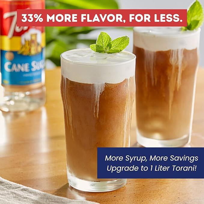 Torani Cane Sugar Sweetener Coffee Syrup 1 Liter Bottle with Pump Dispenser – Pure Cane Sugar Flavoring Syrup for Lattes Teas Cocktails Cold Brews &amp Desserts – Barista Quality