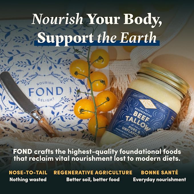 FOND Regenerative Grass-Fed Beef Tallow for Cooking – High Smoke Point Grass Fed Beef Tallow for Frying Sautéing &amp Roasting – Sustainably Sourced Seed Oil Free – Pure &amp Unflavored 14oz