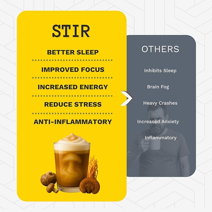 STIR Premium Instant Mushroom Coffee | Lion’s Mane Chaga Reishi Cordyceps Shiitake Turkey Tail | Organic Cacao Vanilla Coconut MCTs | Focus Energy Digestion Support | 30 Servings