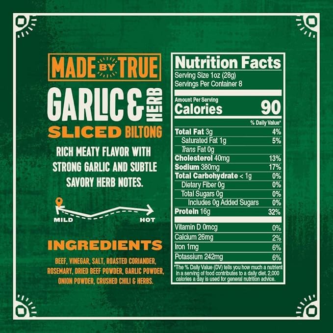 Made by True Beef Sliced Bites Garlic &amp Herb (8 Ounce Pack of 1) - All Natural Zero-Sugar True Jerky Biltong - High Protein Keto Paleo &amp Whole 30 Diet - Sugar-Free Gluten-Free Carb-Free