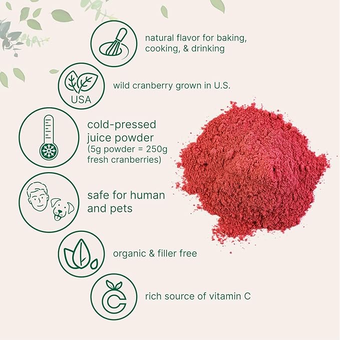 Sustainably US Grown Organic Cranberry Juice Powder (Wild Cranberry Supplements Cold Pressed) 8 Ounce | Supports Urinary Tract Cleanse &amp Prostate Health* | Filler Free Water Soluble Pet Friend