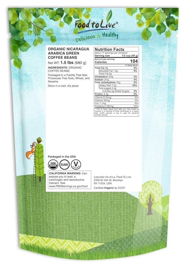 Food to Live Organic Nicaragua Arabica Green Coffee Beans 1.5 Pounds – Whole Unroasted Washed Bean. Fresh Crop. No-GMO Vegan Bulk