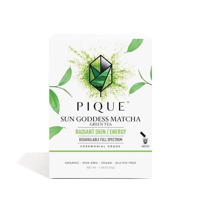 Pique Organic Sun Goddess Matcha - Ceremonial Grade Matcha Green Tea Powder Supports Radiant Skin Calm Energy - 28 Single Serve Sticks (Pack of 1)