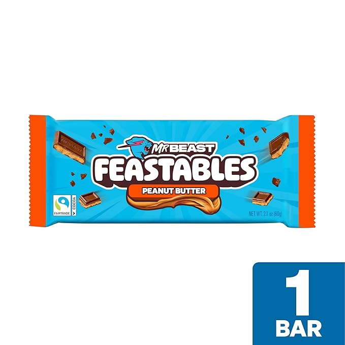MrBeast Feastables Peanut Butter Milk Chocolate Bar King Size 10 Count Creamy Peanut Butter Chocolate Candy Fairtrade Cocoa 2.1oz Each