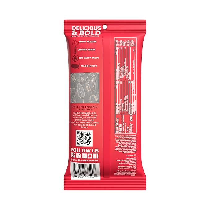 SMACKIN' Sunflower Seeds Roasted Jumbo Small-Batch American Made - Backyard BBQ. 1.5oz bags (36 Pack)