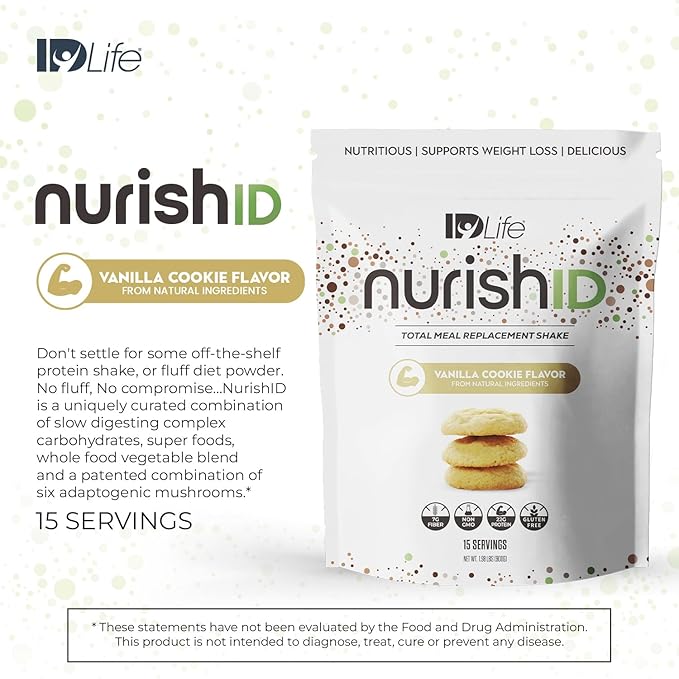 IDLife Vanilla Cookie NurishID Meal Replacement Shake - with Slow-Digesting Carbs Superfoods Vegetable Blend and Adaptogenic Mushrooms - 15 Servings