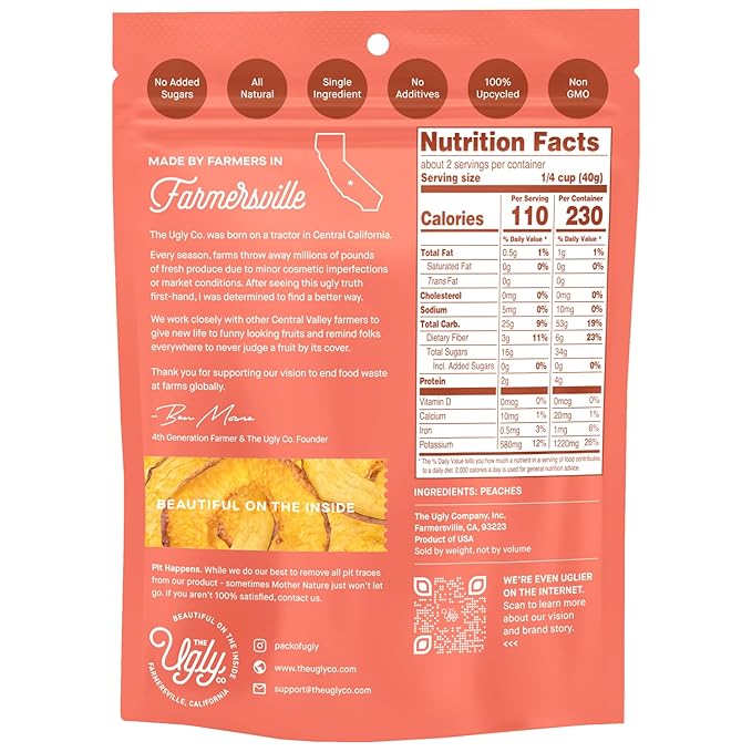 Hello! I’m Ugly Sliced and Dried Peaches No Sugar Added Healthy Sweet Snacks Peach Slices Upcycled California Produce Naturally Sweet Fruit Snacks 3 oz Pack of 3