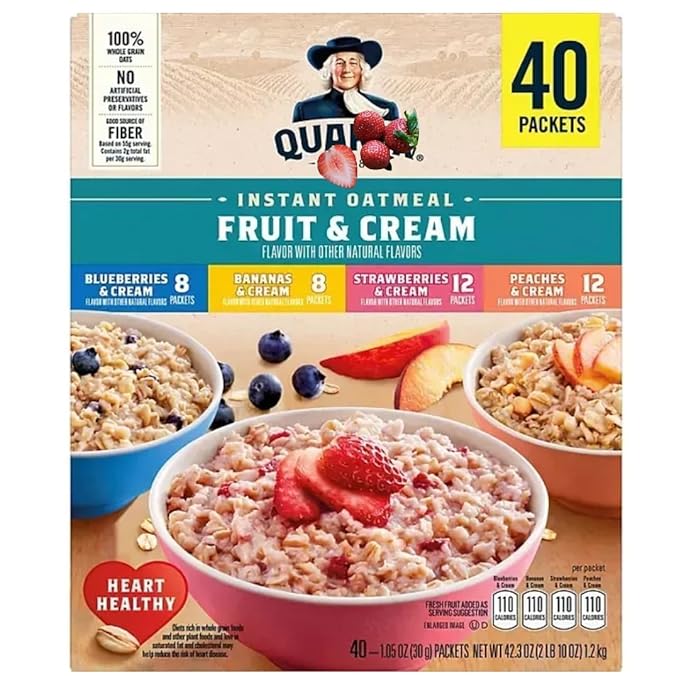 Instant Oatmeal Fruit &amp Cream Variety Pack 1.05 oz Packets 40 Count | Assorted Fruit Flavors with Creamy Taste | Quick Heart-Healthy Whole Grain Breakfast Cereal