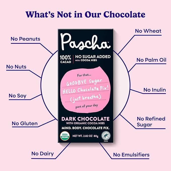 Pascha Organic Chocolate Bars Gluten Free Non GMO 2.82 Oz Pack of 10 Sugar Free Dark 100% Cacao with Cocoa Nibs