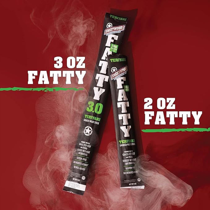 FATTY Meat Sticks Made with Grass Fed Beef Pork Raised Without Antibiotics 12g Protein Per Stick Teriyaki Easter Basket Stuffer for Men 2 oz. (Pack of 20)